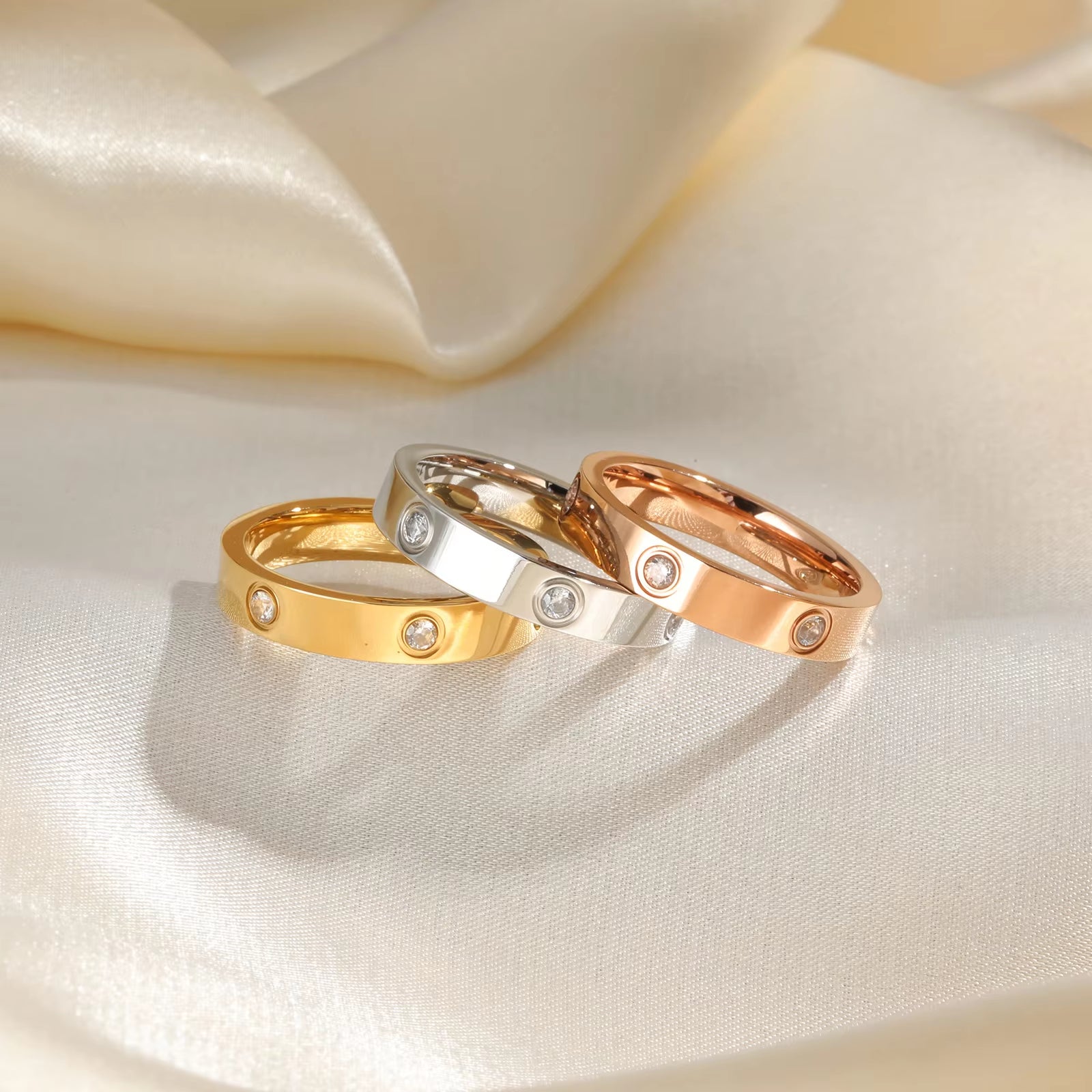 Dainty Cubic Zirconia Love Promise Rings for Women, Gold Plated Stainless Steel Wedding Band Jewelry to Girls Lover