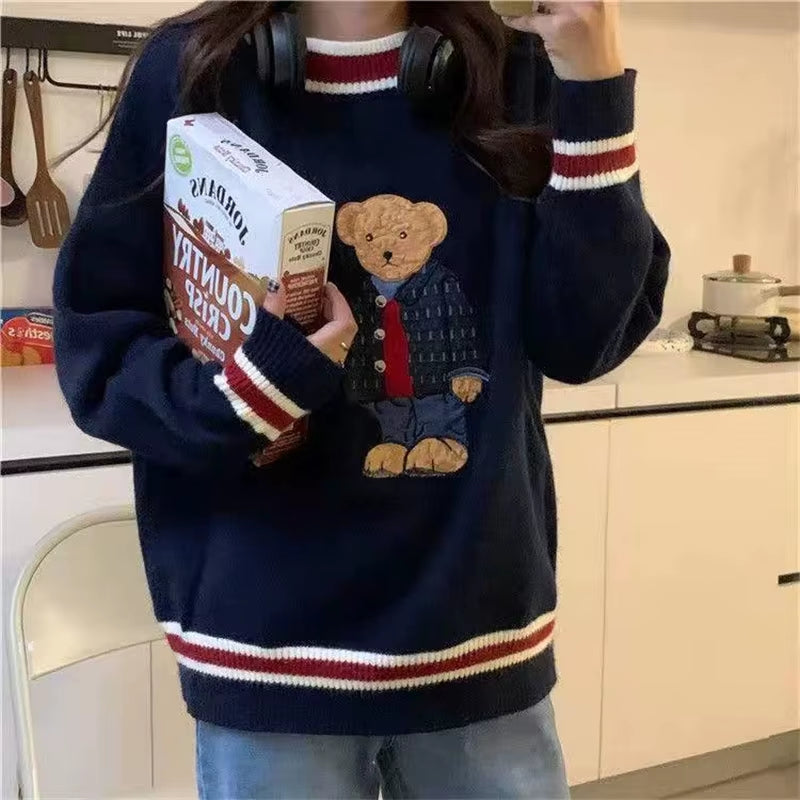 2025 Autumn Winter Women'S Vest Japanese Style Cartoon Bear Pullover Vest Sweater Oversize Harajuku Kawaii Clothes Knitted Vest