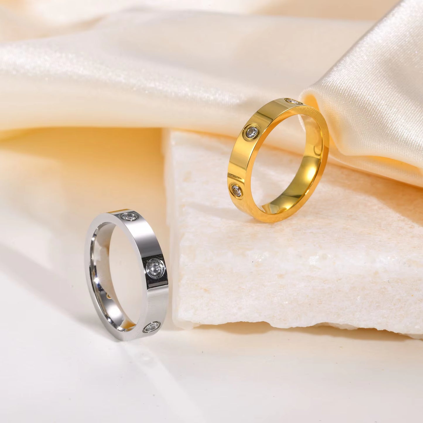 Dainty Cubic Zirconia Love Promise Rings for Women, Gold Plated Stainless Steel Wedding Band Jewelry to Girls Lover