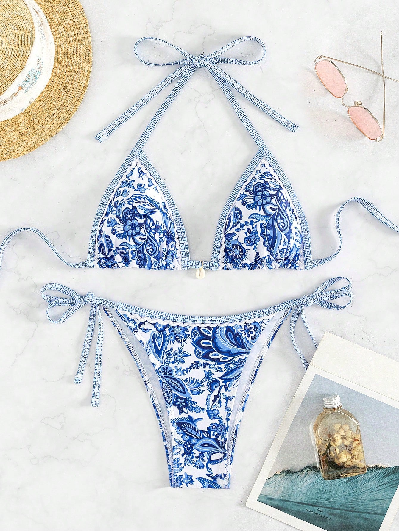 Swim Mod Summer Beach Women'S Floral Printed Halter Neck Bikini Set Carnival