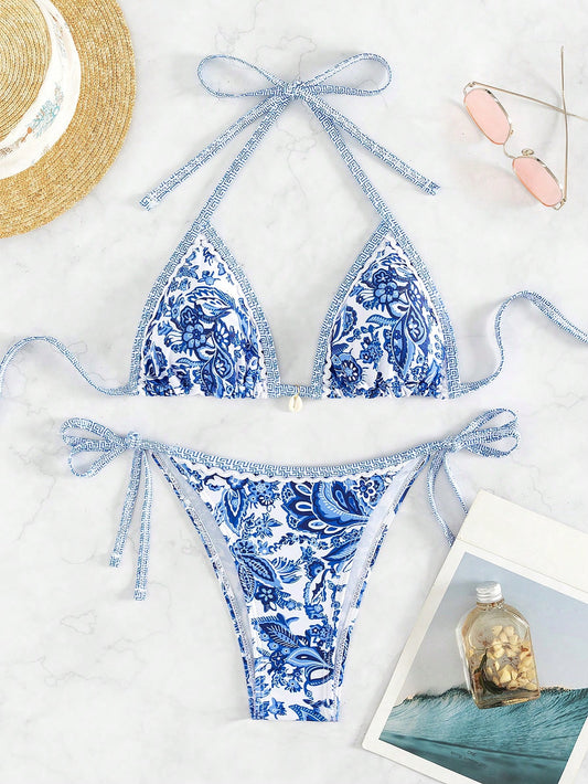 Swim Mod Summer Beach Women'S Floral Printed Halter Neck Bikini Set Carnival